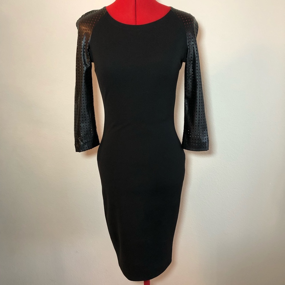 Material Girl Black Bodycon Mini Dress Cutout Leather Sleeves LBD Size Small